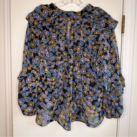 Topshop Floral Ruffle Sheer Blouse Women's Size 2 Black Multicolor Long Sleeve - Picture 5 of 5